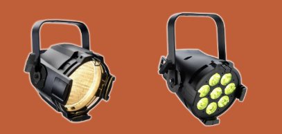 Two PARcan lanterns, short round cans, one conventional and one LED